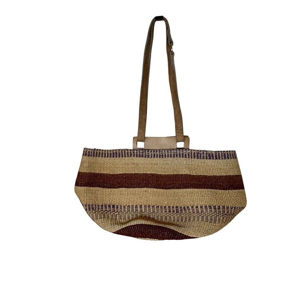 Woven Sisal Tote Bucket Bag Womens Tan Brown Leather Strap Boho Ethnic Coastal